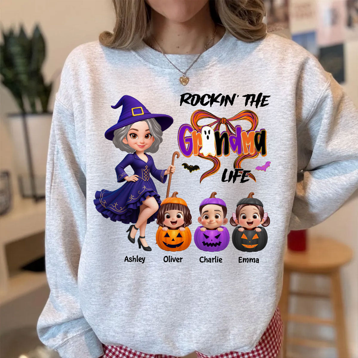 Rockin' Grandma Life Halloween Coquette Bow Grandkids Pumpkins Personalized Sweatshirt