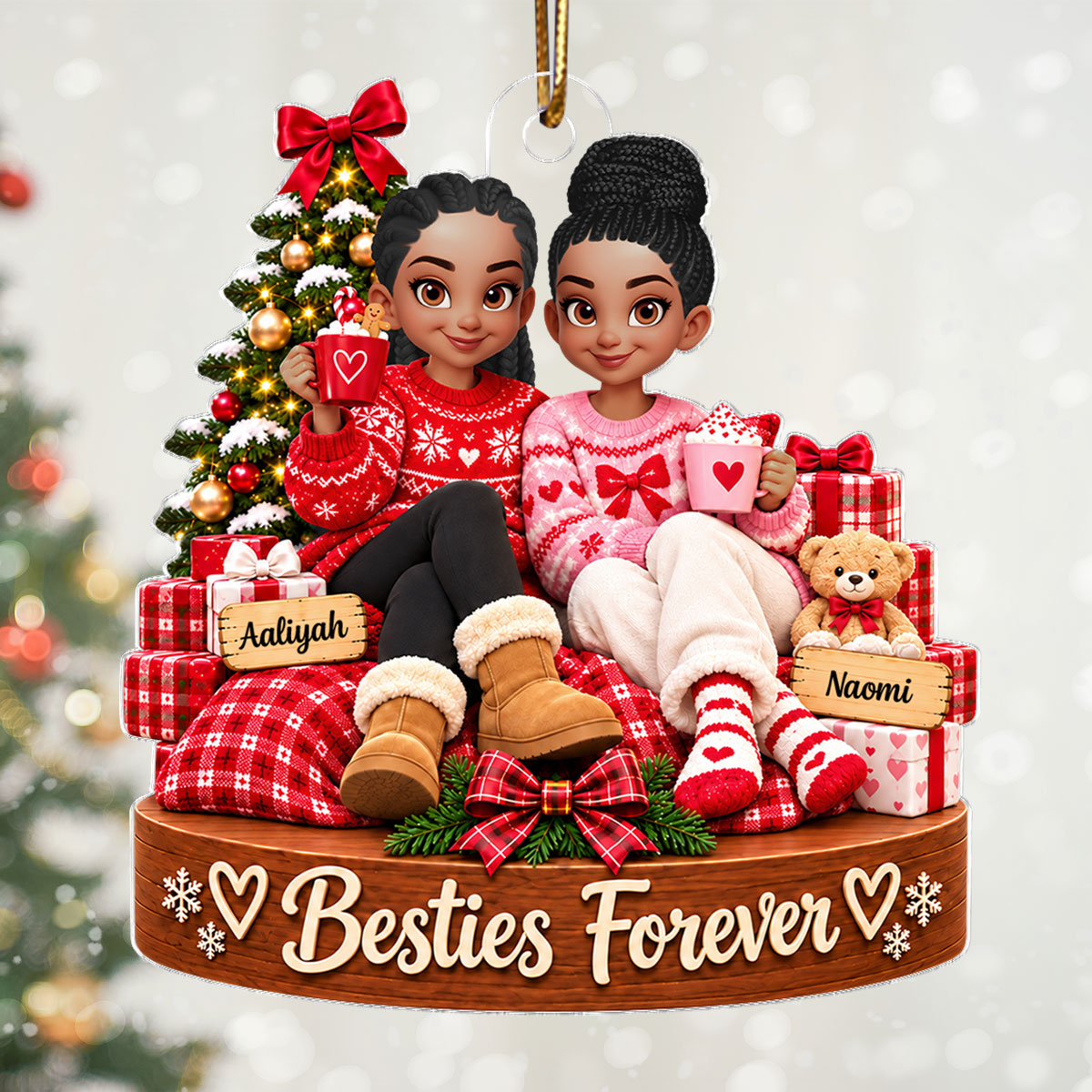 Besties Forever Custom Names Christmas Girls - Personalized Acrylic Ornament - Christmas Gift For Best Friends, Besties, BFF, Soul Sisters