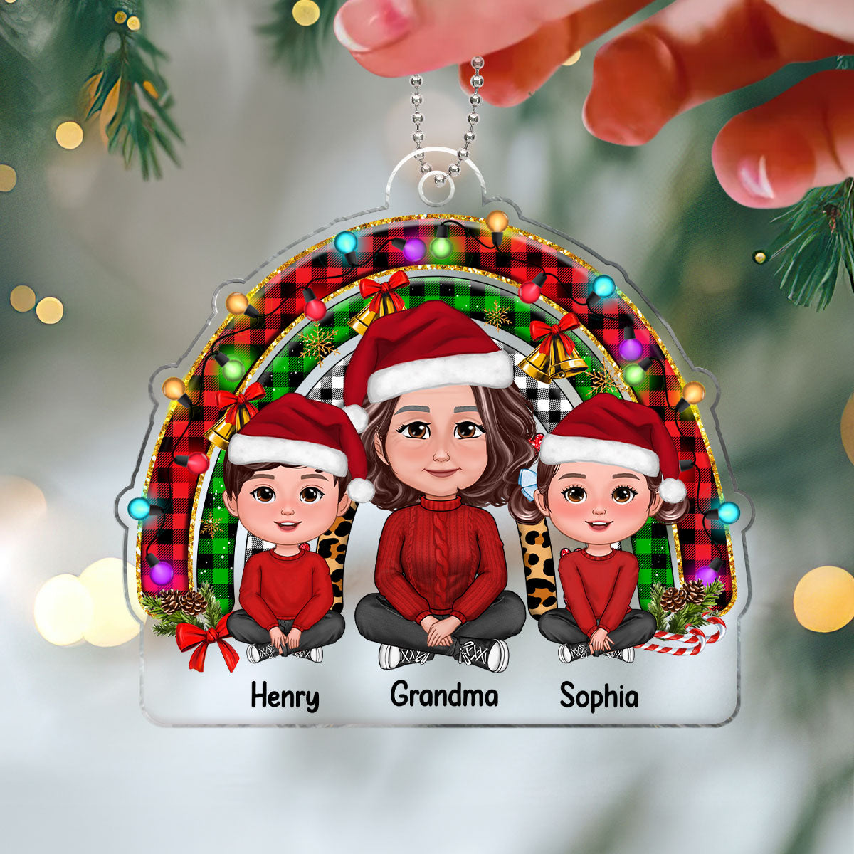 Christmas Rainbow Grandma Grandkids Sitting Personalized Acrylic Ornament