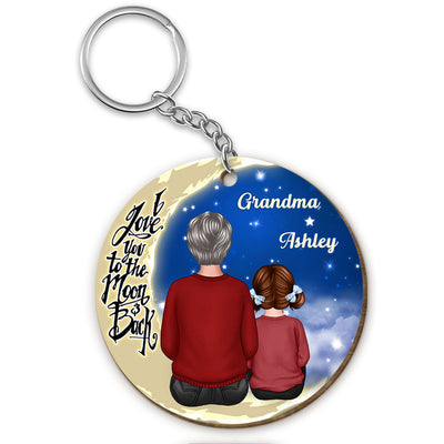 Grandma Grandkid On Moon Gift For Grandma Granddaughter Grandson Personalized Wooden Keychain