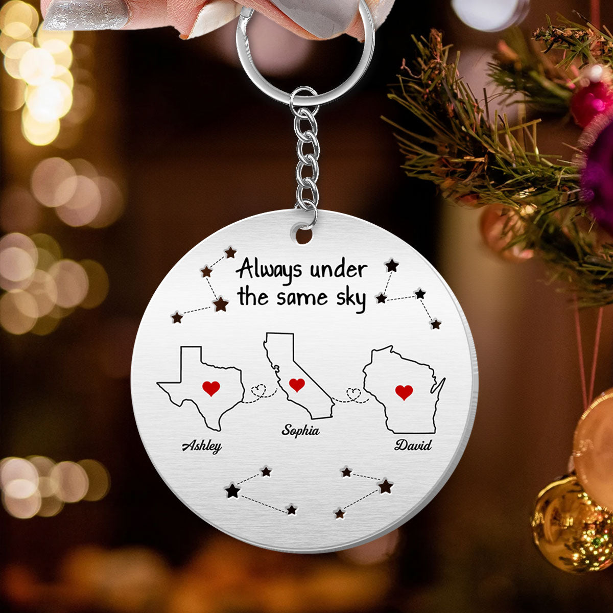Always Under The Same Sky Personalized Metal Keychain, Christmas Gifts for Boyfriend, Girlfriend, Besties Long Distance Relationship Gift