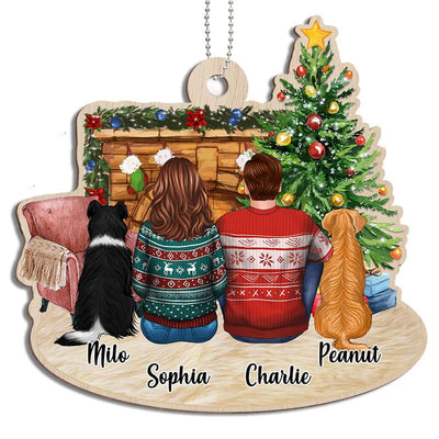 Fireplace Family Couple And Dogs Personalized Wooden Ornament