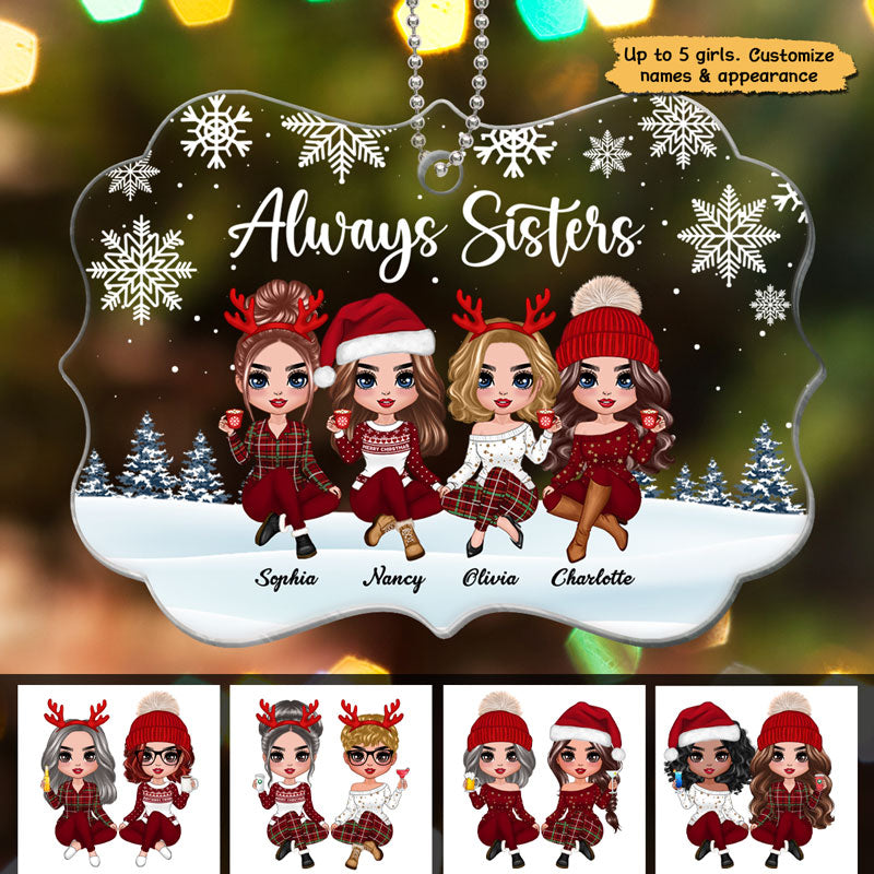 Doll Sisters Siblings Sitting Snow Background Personalized Acrylic Ornament