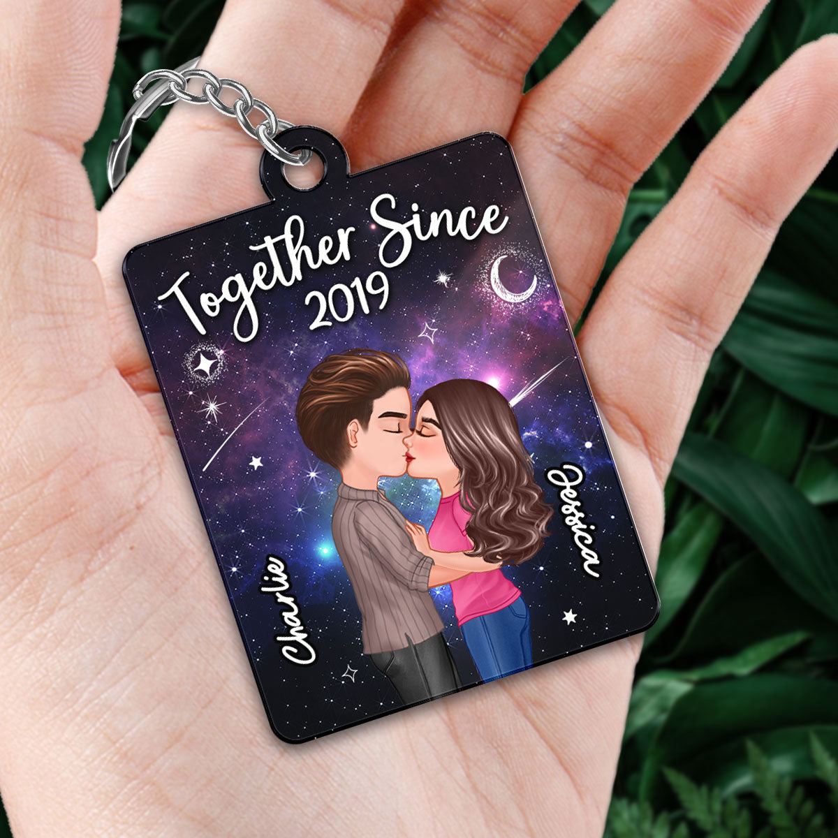 Doll Couple Kissing In Galaxy Night Favorite Song Scannable QR Code Personalized Acrylic Keychain