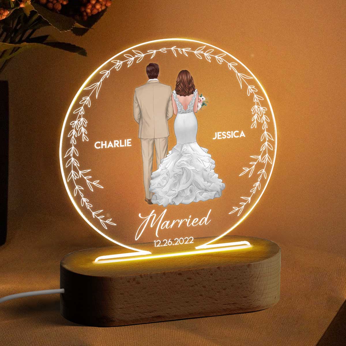 Back View Couple Groom & Bride With Dog Personalized Circle Acrylic Plaque With LED Night Light - New Wedding Gifts - Gifts for Couples - Engagement Gifts