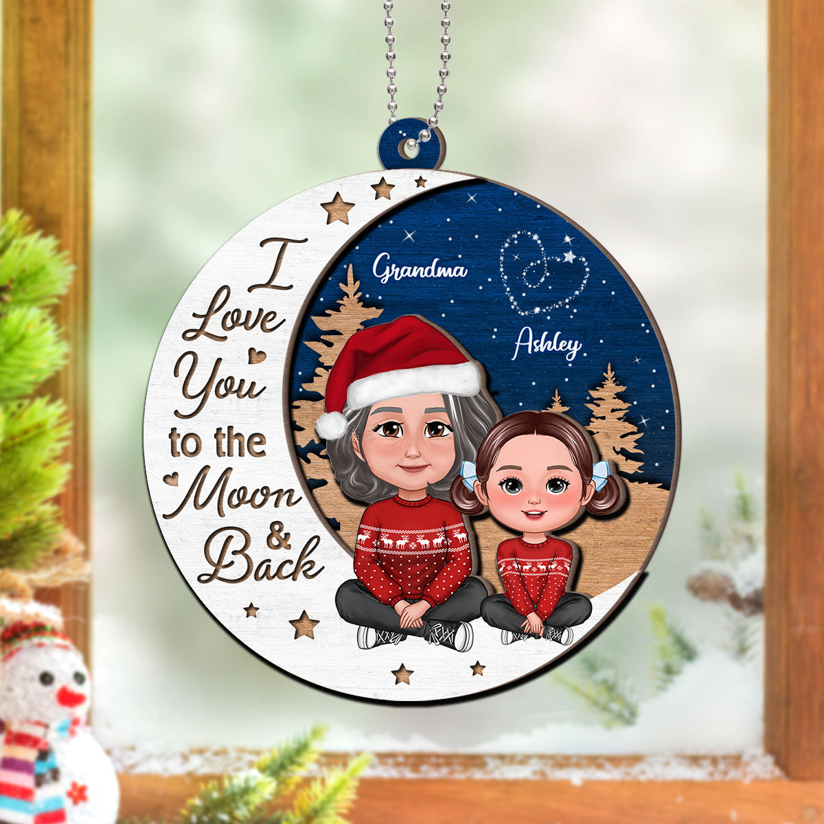 Grandma Grandkid Love You To Moon And Back Christmas Personalized 2-Layer Wooden Ornament