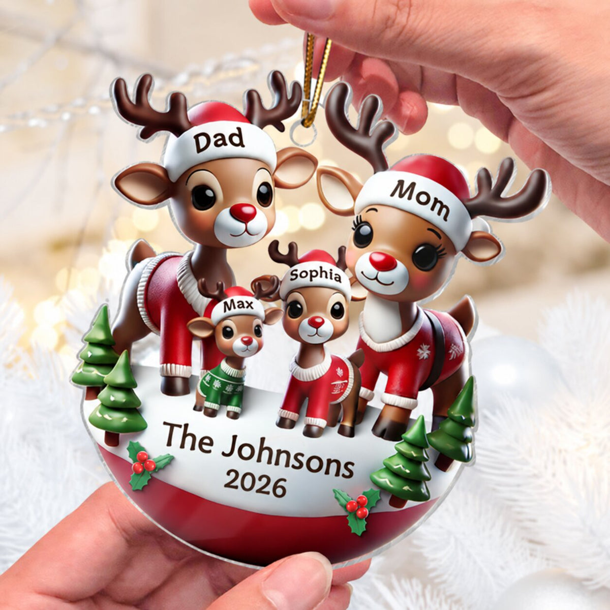 Reindeer Family 3D Effect Cute Christmas Decor Personalized Acrylic Ornament