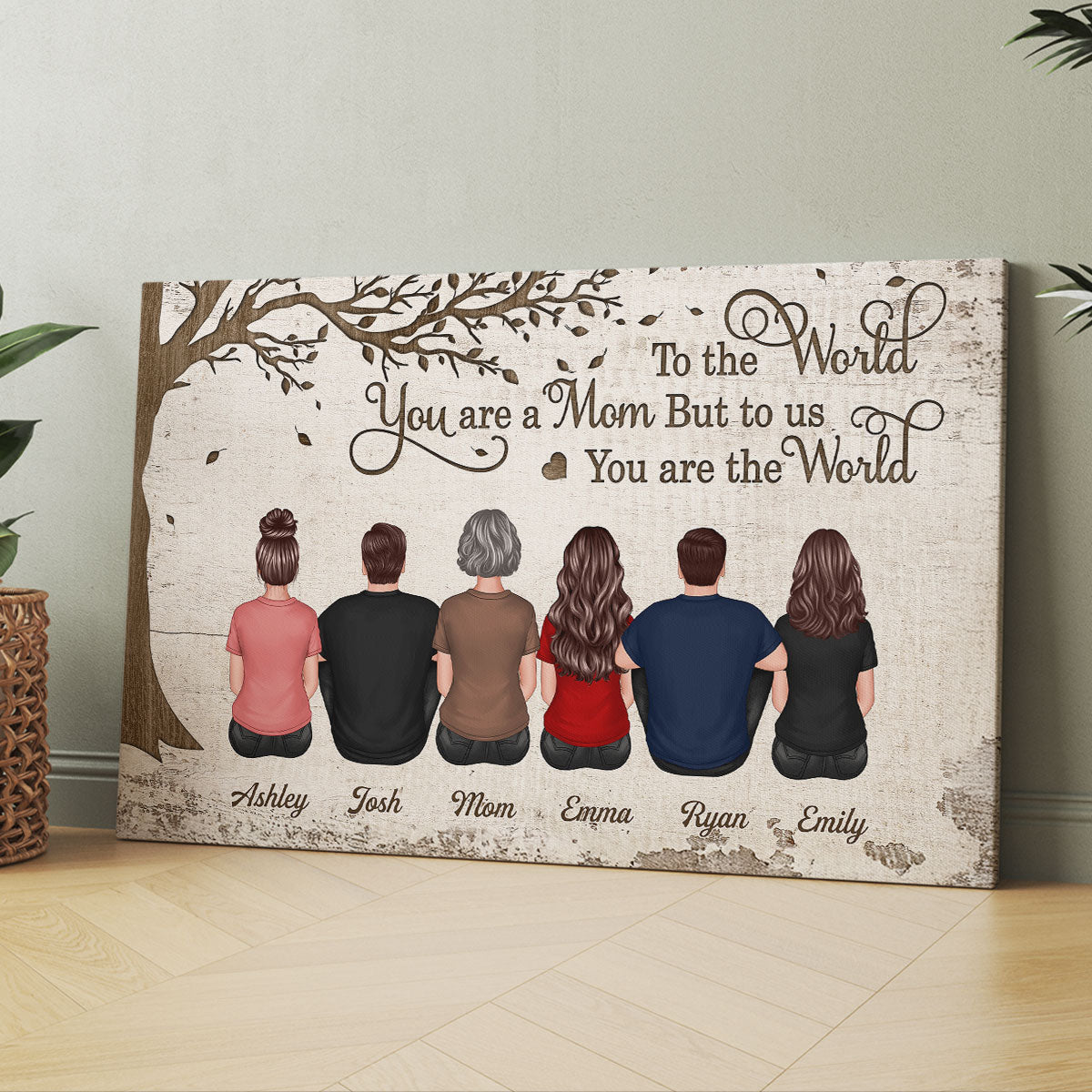 Back View Mom And Kids Dogs Cats Sitting Personalized Wrapped Canvas