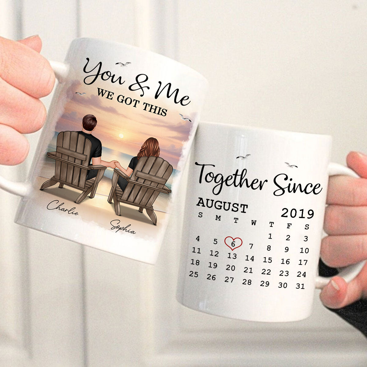 Eternal Sunset Beach Couple Back View Anniversary Calendar Personalized Mug,  Gift, Anniversary Gift For Him, For Her