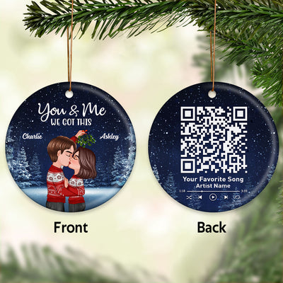 Couple Kissing Under Mistletoe Christmas Night Favorite Song Scannable QR Code Personalized Double Sided Circle Ornament