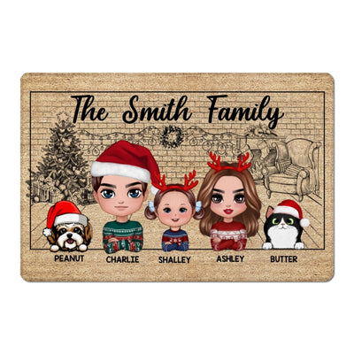 Christmas Sketch Background Family Dad Mom Kids Dogs Cats Personalized Doormat