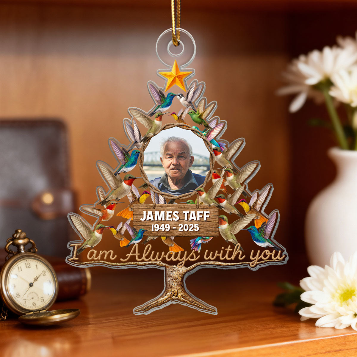 Humming Bird Christmas Tree Custom Photo Memorial - Personalized Acrylic Ornament