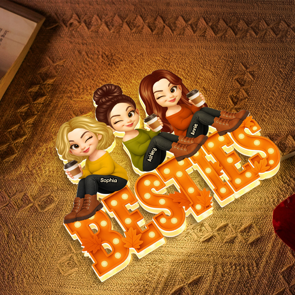 Fall Season Besties Sitting Marquee Pattern Texture Letters Personalized LED Light Box
