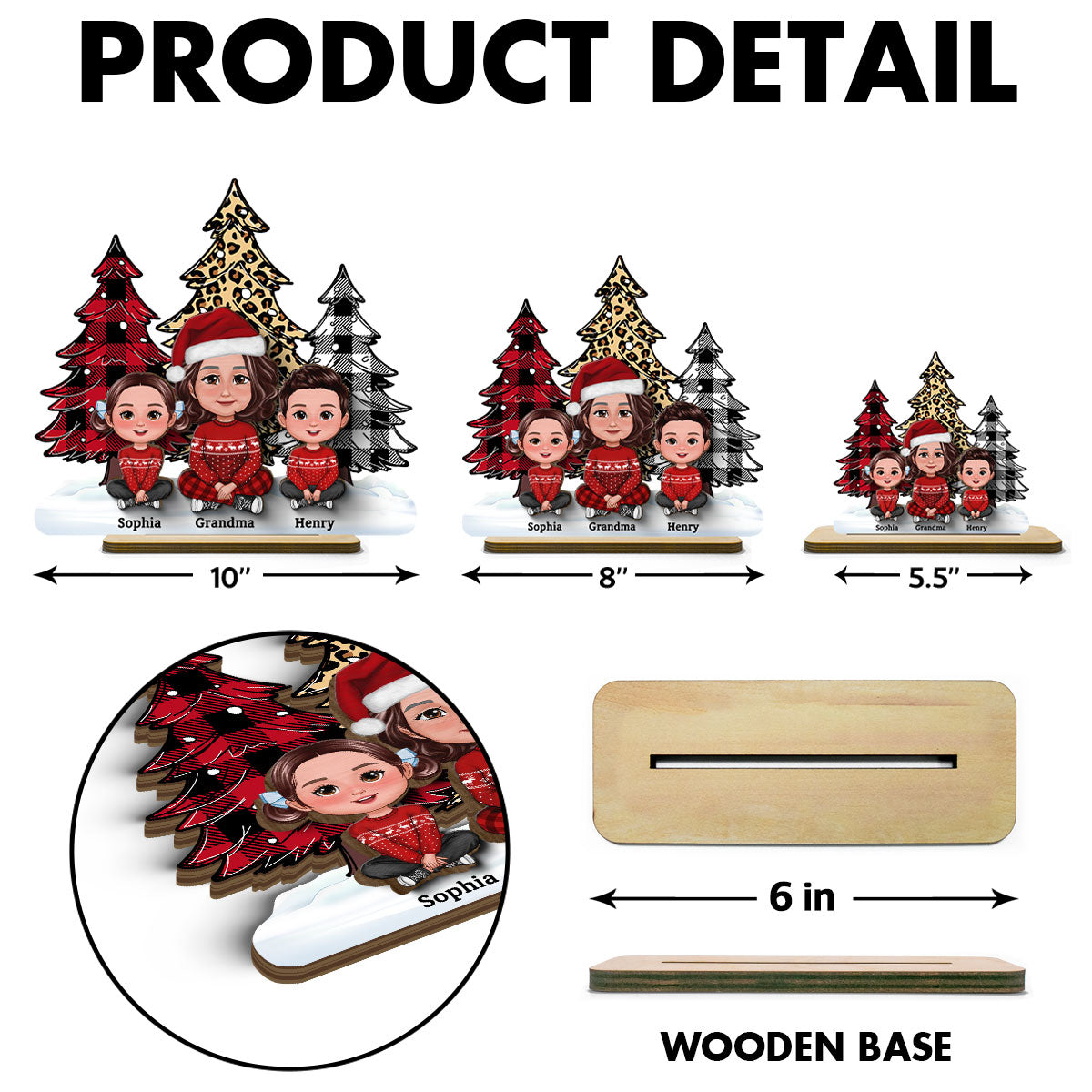 Leopard Checkered Pattern Christmas Tree Grandma Grandkids Personalized 2-Layer Standing Wooden Plaque