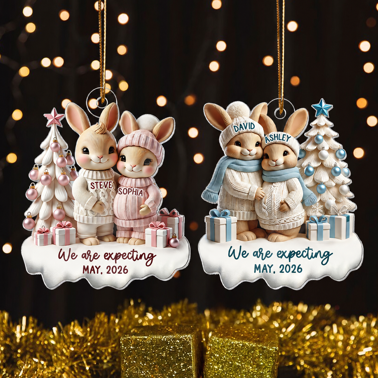 3D Effect Bunny Couple Pregnant Expecting New Baby Christmas Personalized Acrylic Ornament, Pregnancy Announcement Keepsake