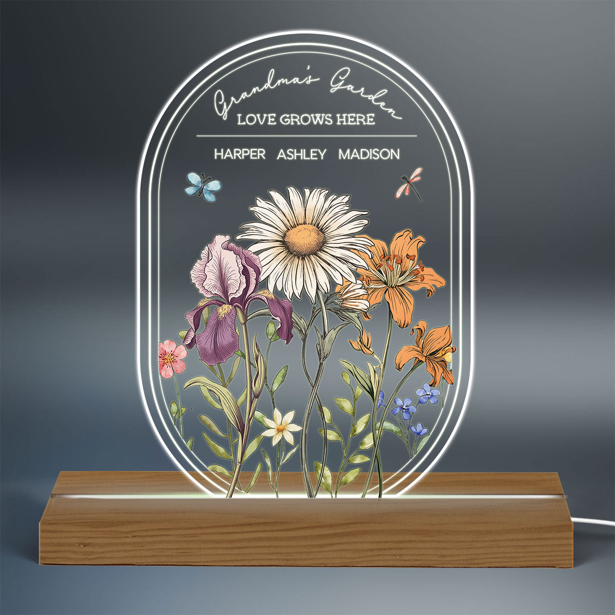 Personalized Birth Month Flowers Grandma's Garden Oval Shaped Acrylic Night Light, Gift for Mom, for Grandma