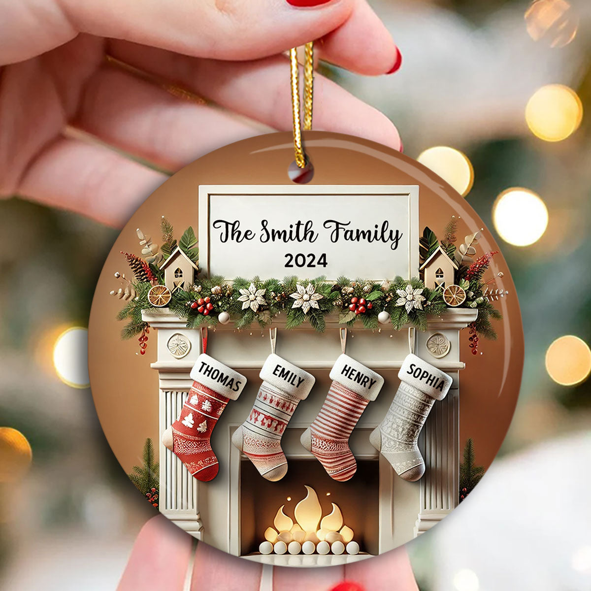 Merry Christmas Festive Fireplace Family Christmas Stockings On Mantel 3D Effect Personalized Ceramic Ornament