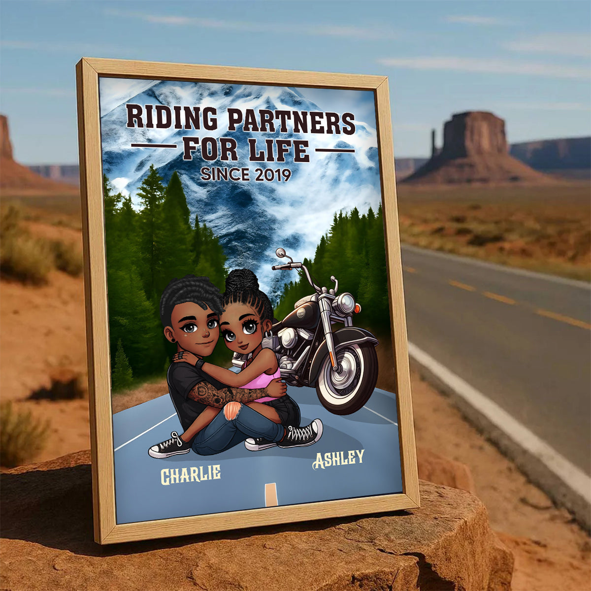 African American Biker Couple Riding Partners for Life Personalized Poster, Gift for him, Gift for her