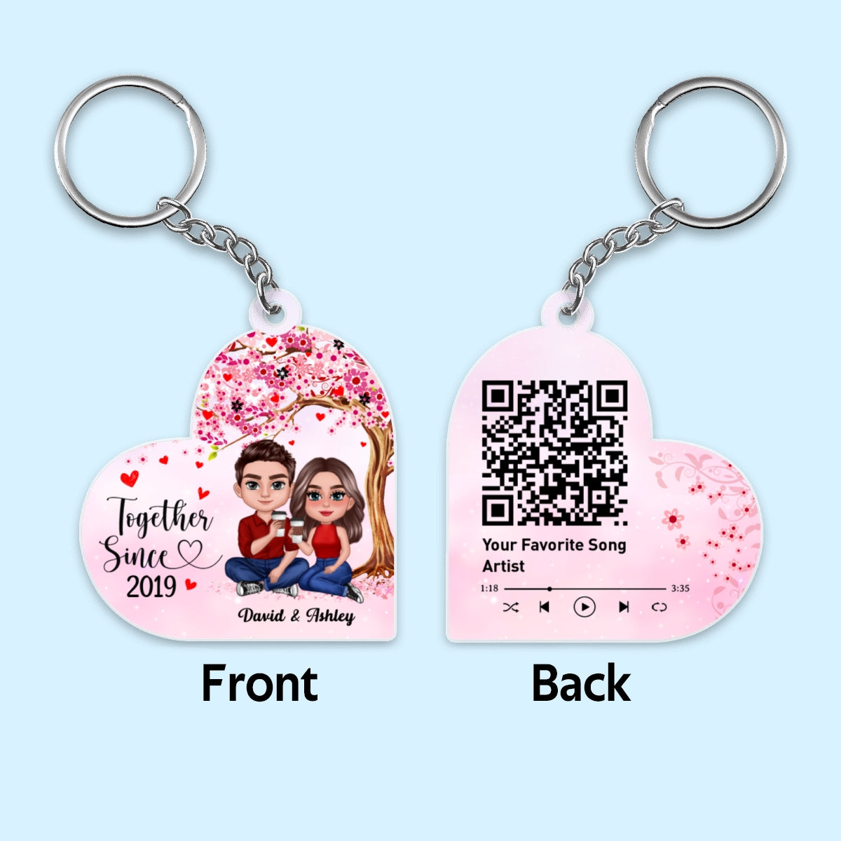 Doll Couple Sitting Together Under Tree Favorite Song Scannable QR Code Personalized Acrylic Keychain