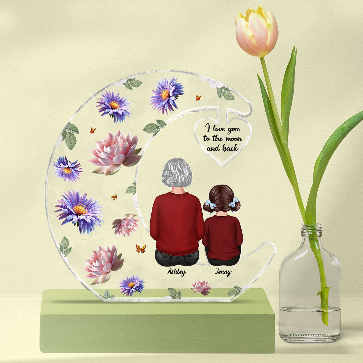 Grandma I Love You to the Moon and Back, Birth Month Flowers Personalized Acrylic Plaque