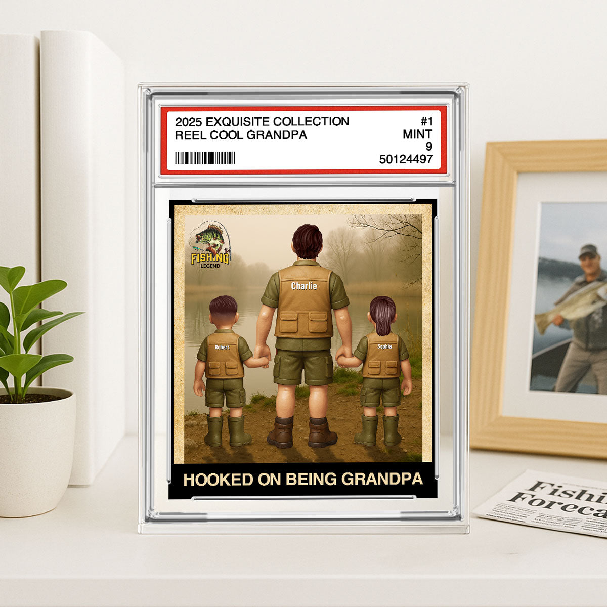 Fishing No. 1 Grandpa Dad Man & Kids Trading Card Style Personalized Acrylic Block Plaque