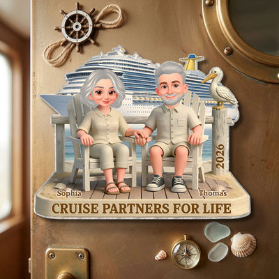 Old Couple Sitting On The Beach - Personalized Cruise Cabin Door Magnet - Anniversary Cruise Keepsake