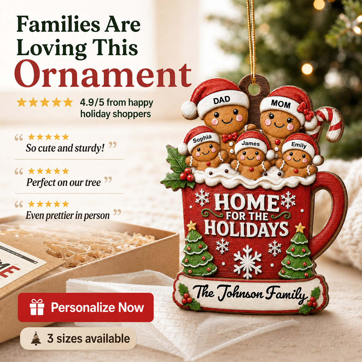 Gingerbread Family In Hot Cocoa 2D Flat - Personalized Wooden Ornament - Christmas Tree Decor For Family