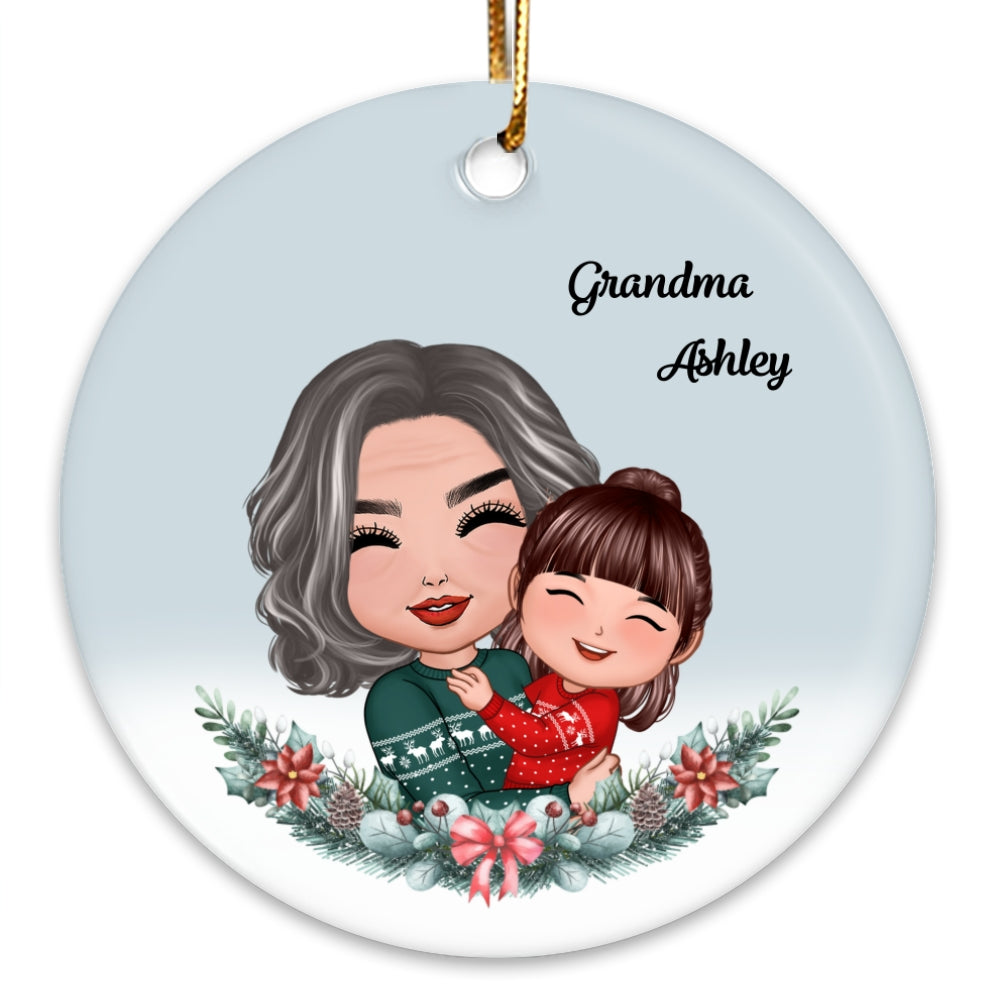 Grandma Hugging Grandkid Christmas Wreath Gift For Grandson Granddaughter Personalized Circle Ornament