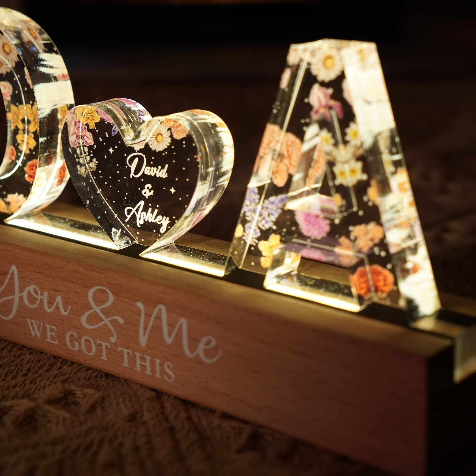 Couple Initials Floral Theme - Personalized Acrylic Block Plaque LED Night Light - Gift For Her, Gift For Him