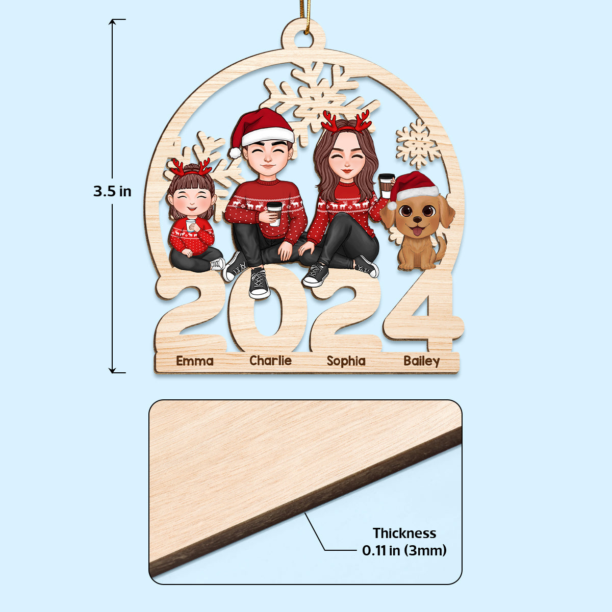 Cute Family Dad Mom Kid Dog Cat Sitting On 2024 Cut-through Personalized Wooden Ornament