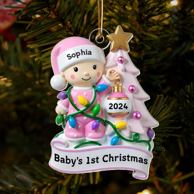 Baby Beside Christmas Tree 3D Effect Baby's First Christmas Personalized Acrylic Flat Ornament