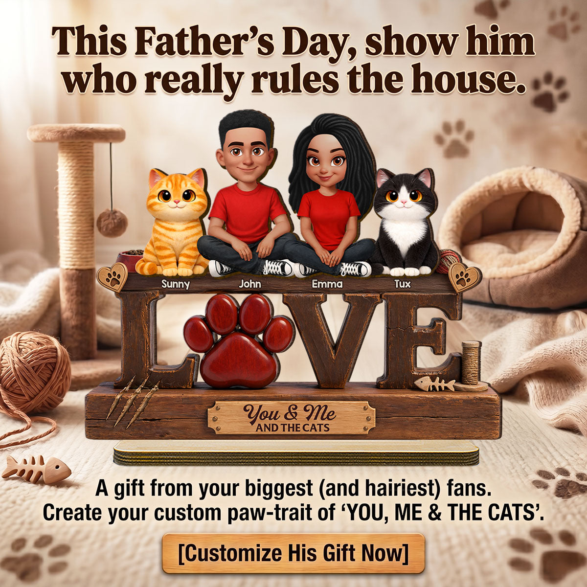 You & Me And The Cat - Personalized 2-Layered Wooden Plaque - Heartfelt Father's Day Gift For Cat Dad