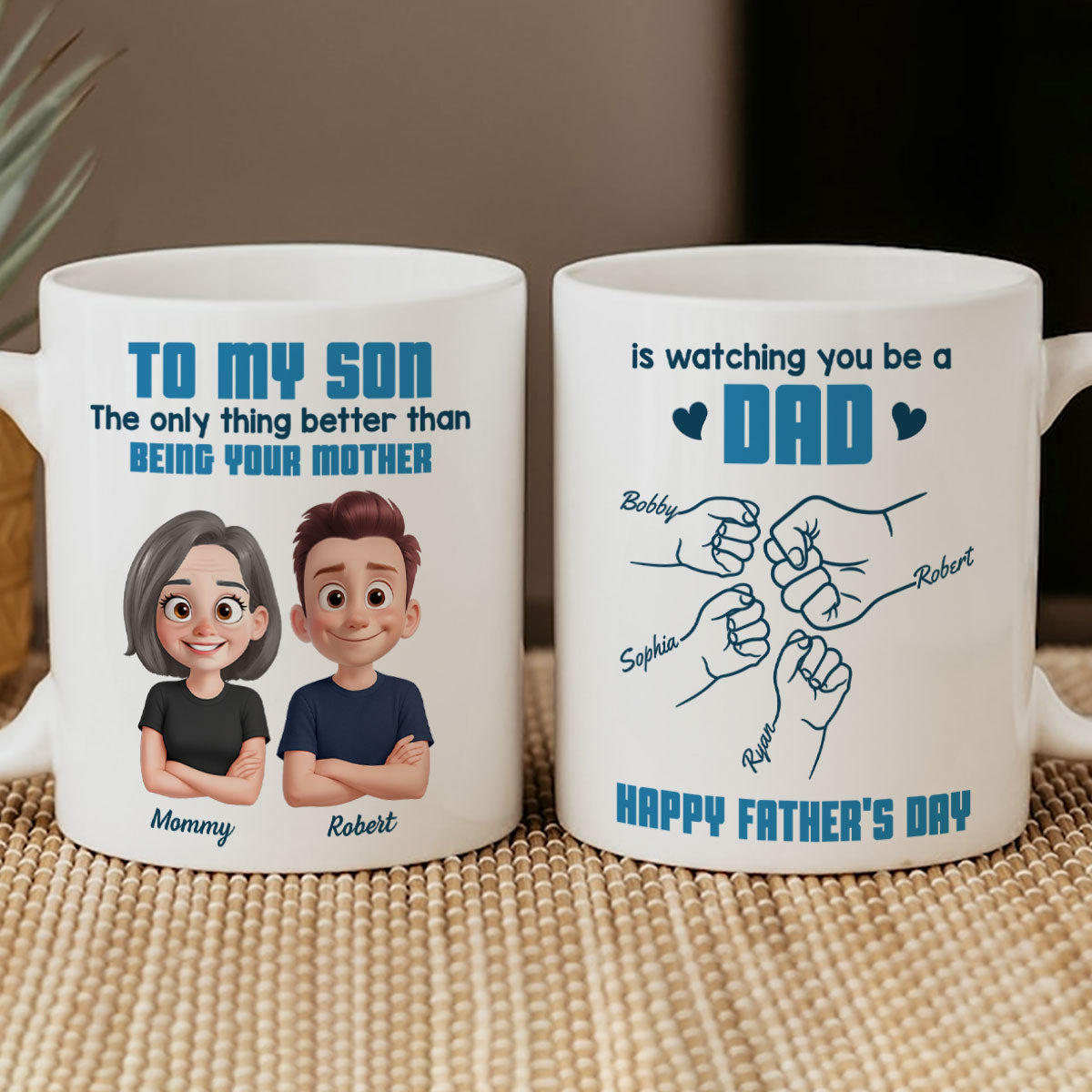 From Mom To Son Watching You Be A Dad Cartoon Style Fist Bump Personalized Mug, Father's Day Gift For Son