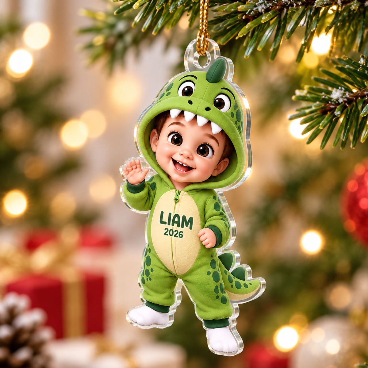 Cute Cartoon Kid With Dinosaur Costume - Personalized Acrylic Ornament - Christmas Gift For Boys, Girls