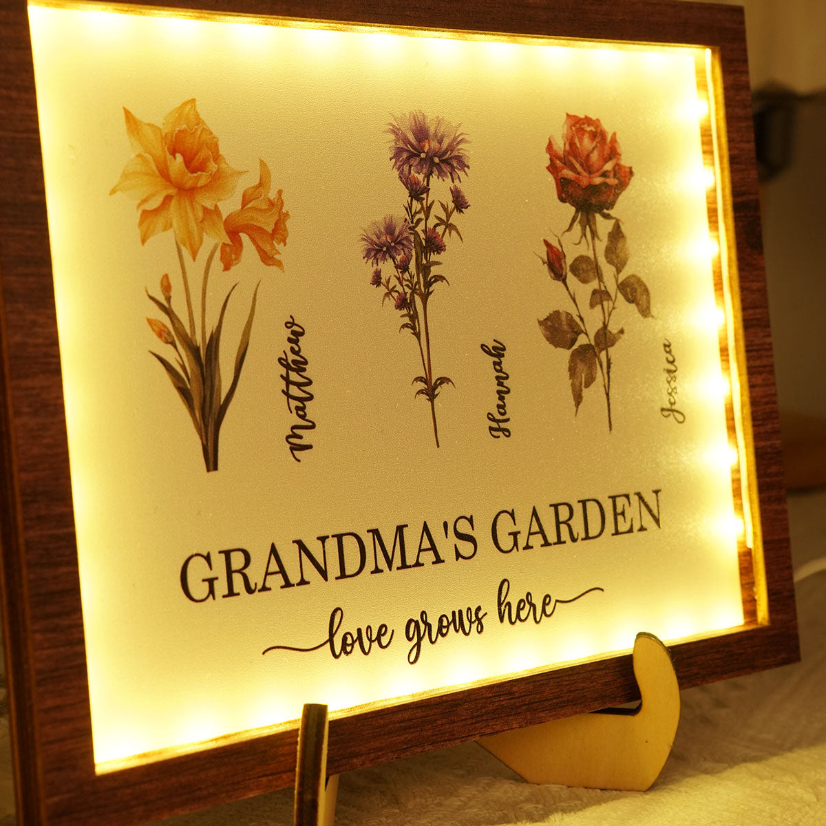 Grandma's Garden Love Grows Here Birth Month Flower Personalized 2-Layered Wooden Plaque with LED, Heartfelt Mother's day gift for Grandma, Mom