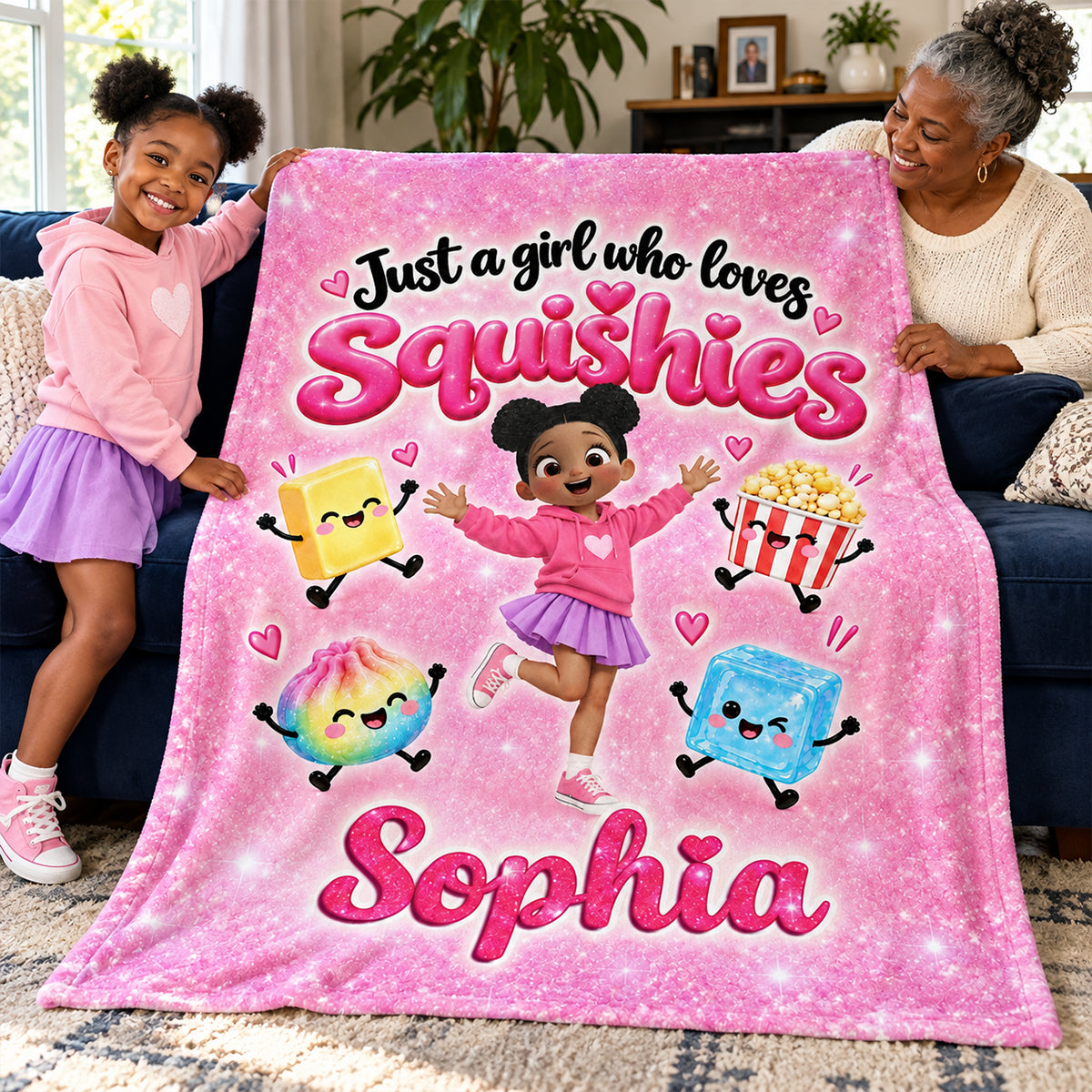 Cute Girl Loves Squishies - Personalized Fleece Blanket - Gift For Daughter, Granddaughter