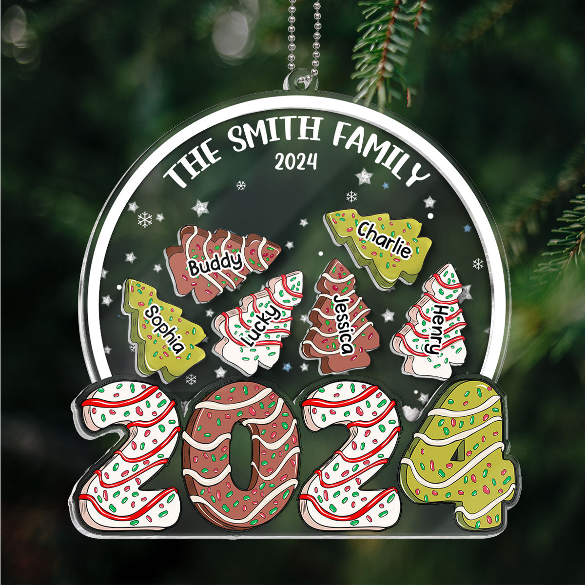 Family Christmas Tree Cake 2024 Personalized Shaker Ornament, Christmas Gift