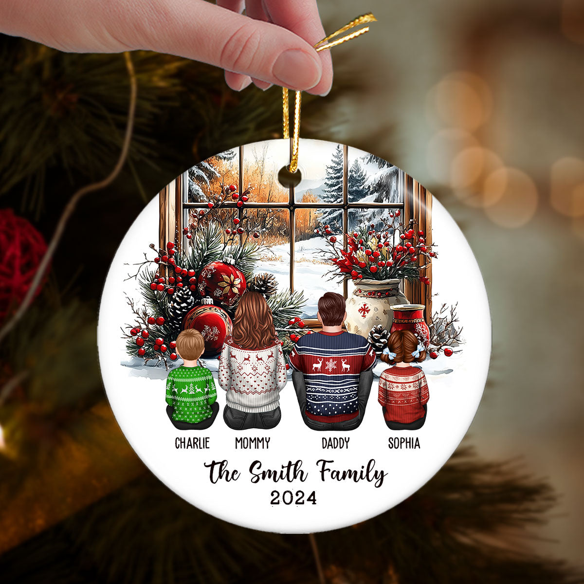 Family Sitting By The Window Personalized Ceramic Ornament, Christmas Gift for Siblings
