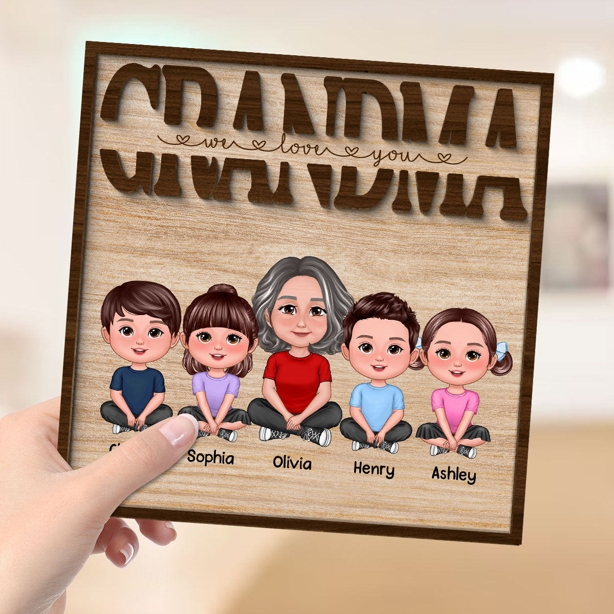 We Love You Grandma Mom Auntie Kids Sitting Mother‘s Day Gift Personalized 2-Layer Wooden Plaque