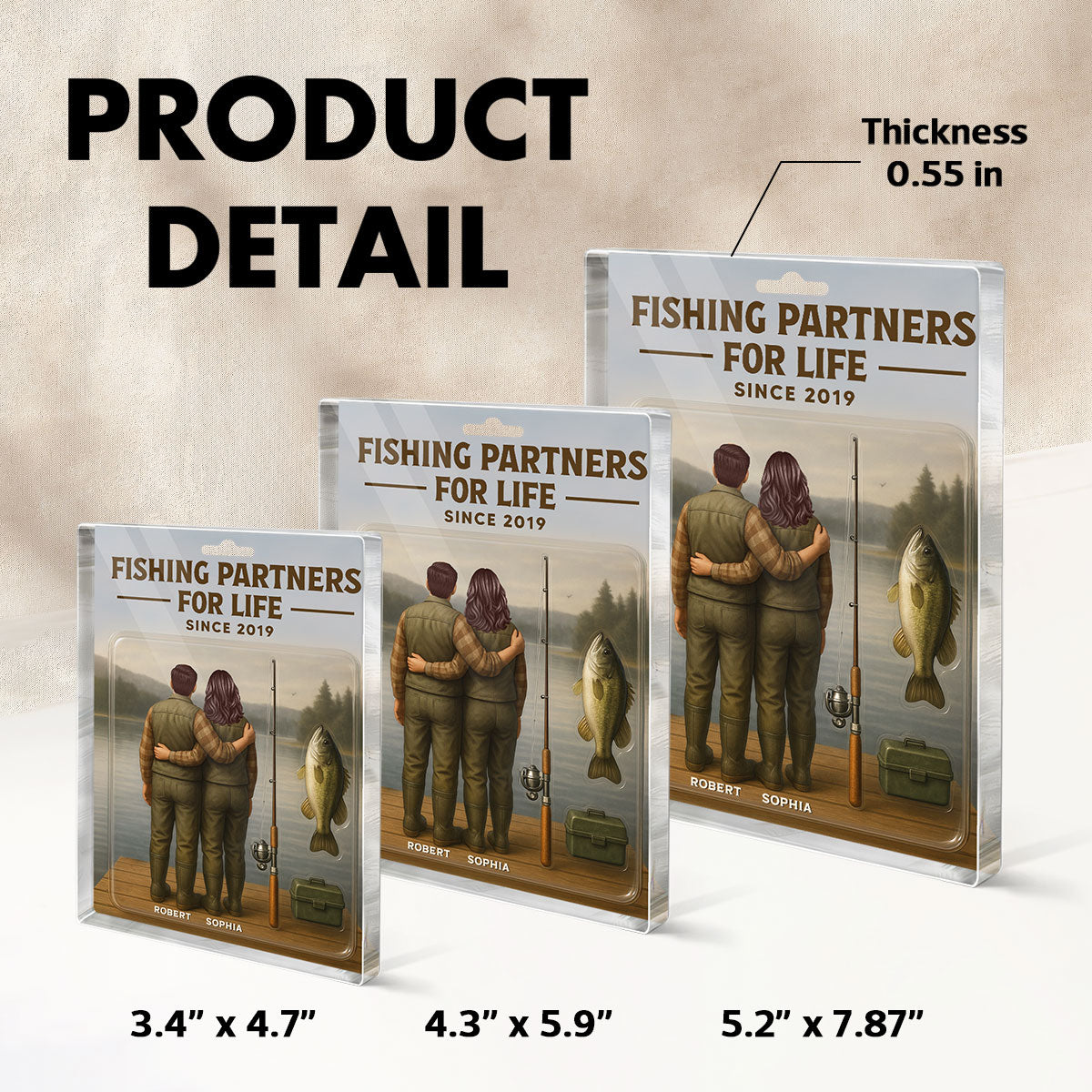3D Effect Custom Figure Couple Fishing Partners For Life Personalized Rectangle Acrylic Block Plaque