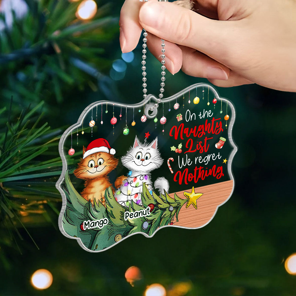 Christmas Quirky Cat On The Naughty List Regret Nothing Personalized Acrylic Ornament, Unique Christmas Gift For For Cat Owners Cat Lovers