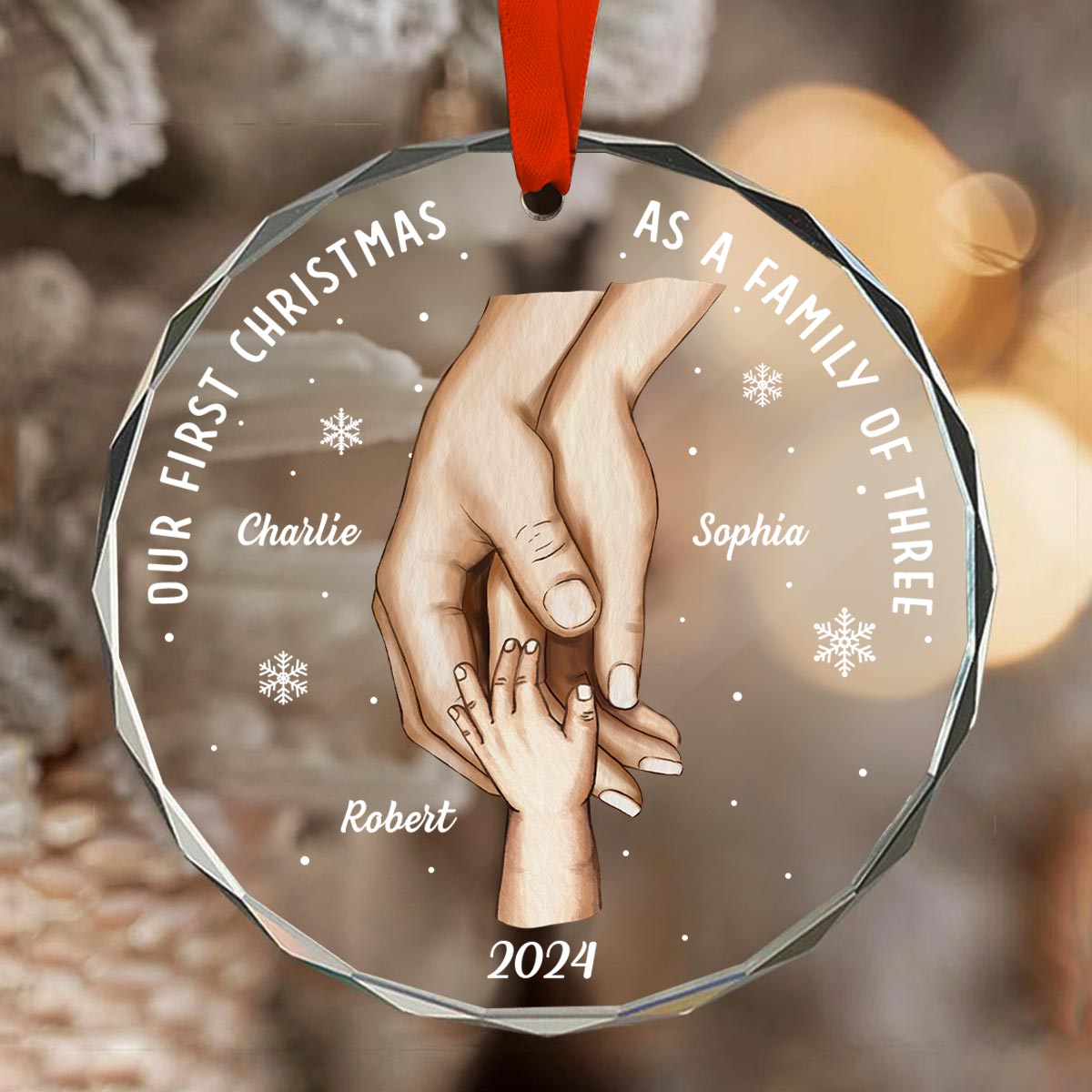 First Christmas As Family Hands On Hands Personalized Glass Ornament