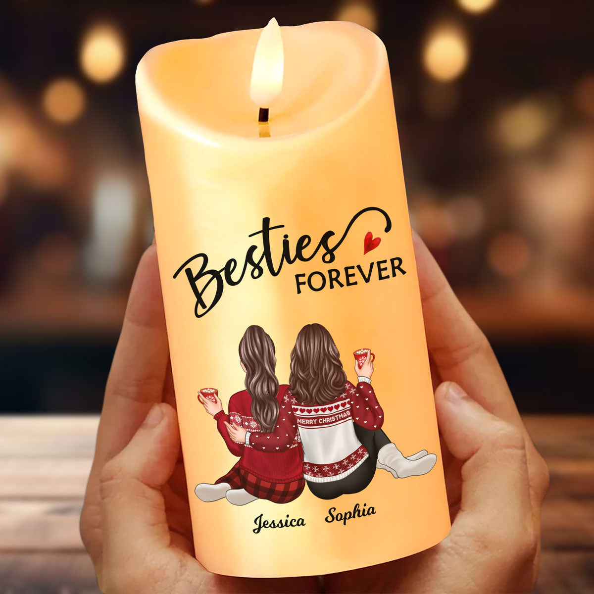Besties Forever Message Christmas Besties Back View Personalized LED Candle