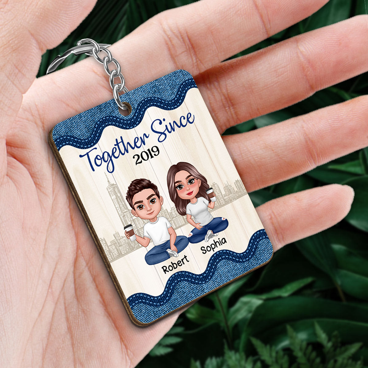 Doll Couple Sitting Denim Frame Favorite Song Scannable QR Code Personalized Wooden Keychain