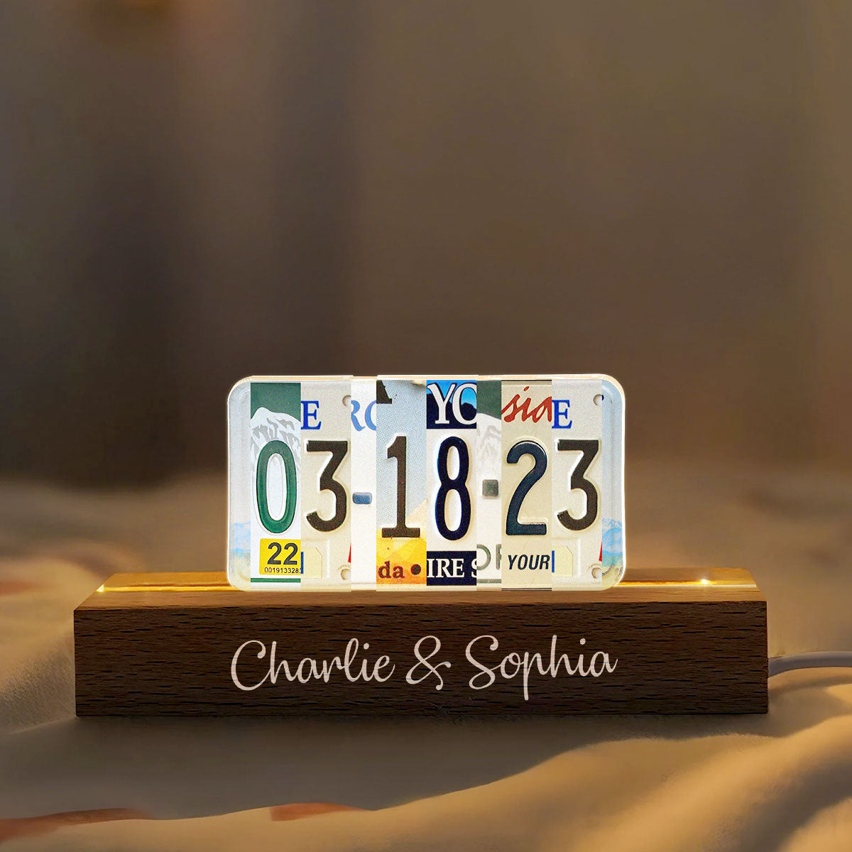 Couple License Plate Personalized Acrylic Block LED Night Light, Anniversary Date, Wedding Date, Valentines Day Gift for Couples, for Him, for Her