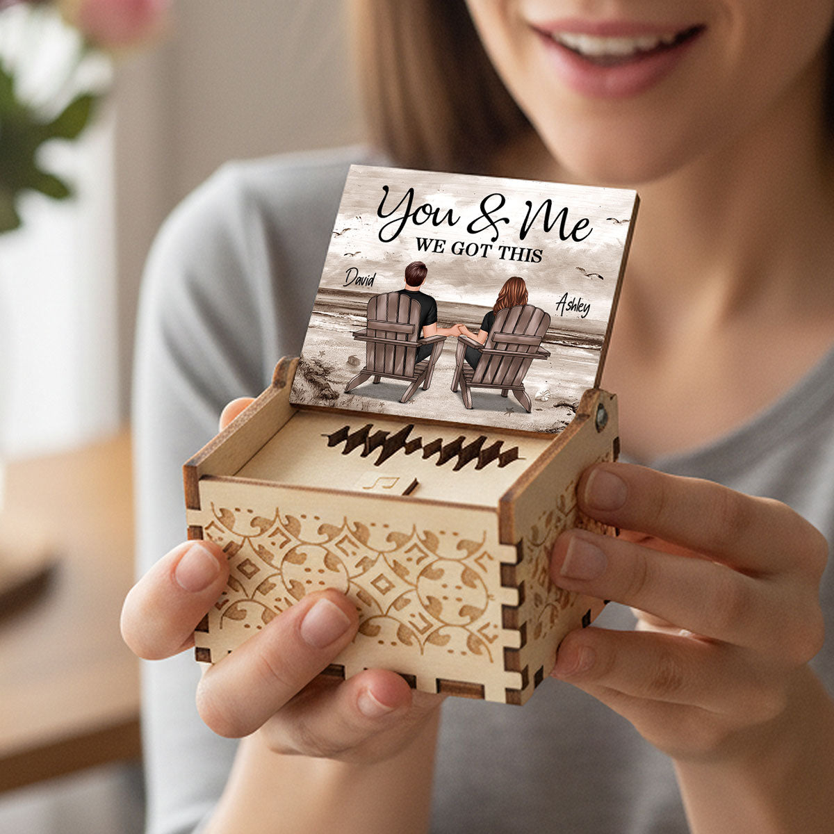 Eternal Love Couple Retro Beach Landscape - Personalized Wooden Music Box - Valentine's Day Gift For Couple