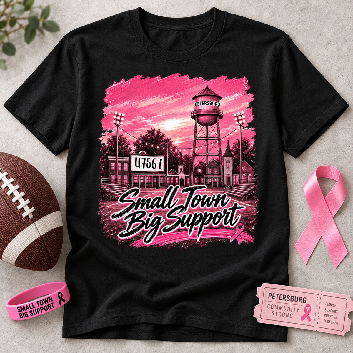 Small Town Big Support Breast Cancer Ribbon Football - Personalized Shirt - Coquette Game Day Mom Tee