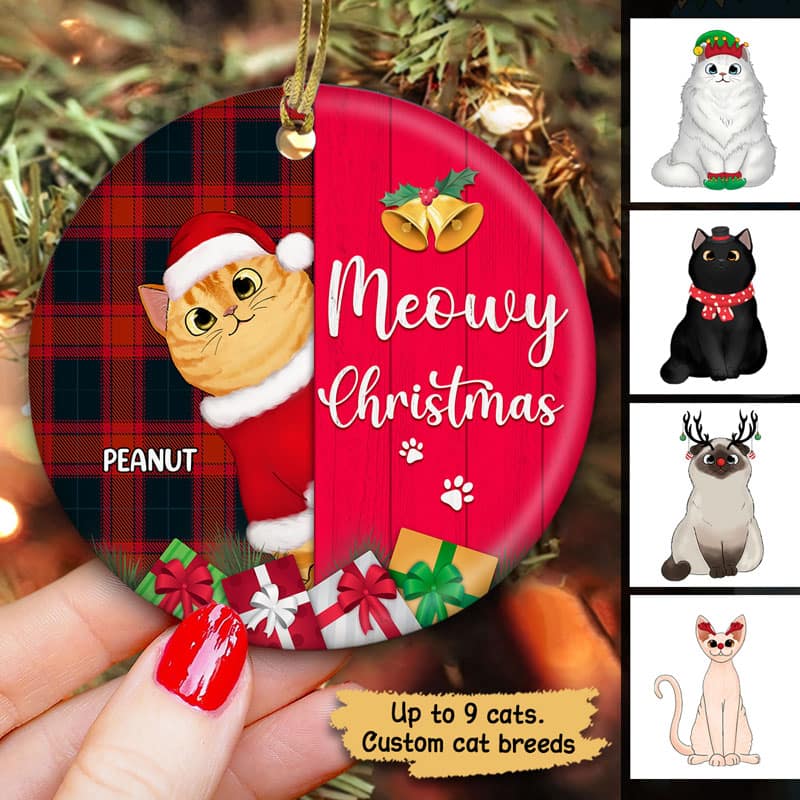 Meowy Christmas Checkered Pattern Personalized Circle Ornament