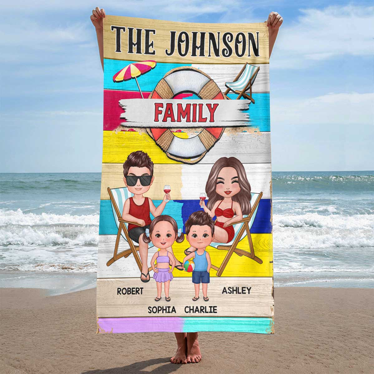 Family Colorful Stripe Personalized Beach Towel