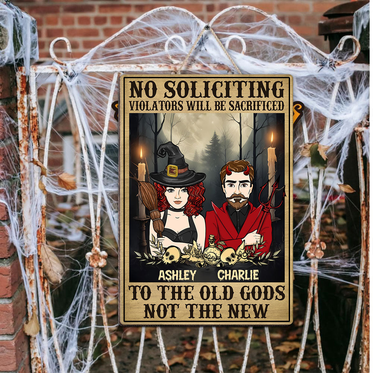 No Soliciting Halloween Couple Perosnalized Wood Sign, Door Hanger, Outside Decor